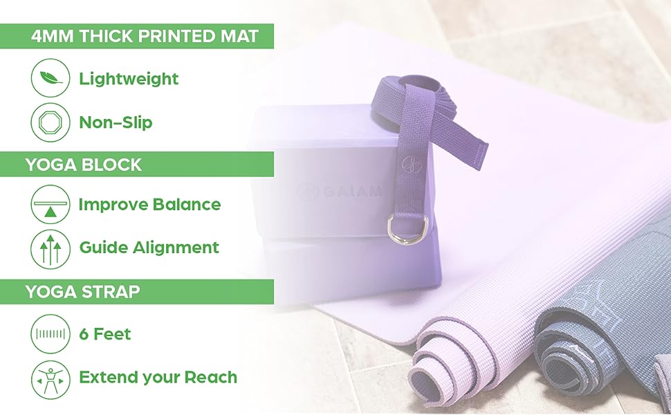 Gaiam Beginners Yoga Kit - 4mm Yoga Mat, 6ft Yoga Strap, Yoga Block Starter Essentials