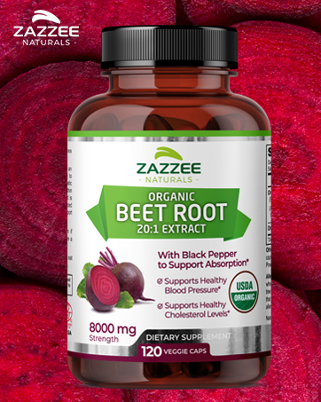 zazzee naturals organic beet root extract strength fast acting vegan 20:1 healthy 120 capsules