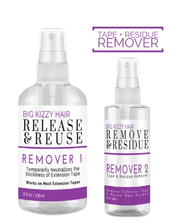 Remover 1 bottle and Remover 2 bottle with text above Tape + Residue Remover