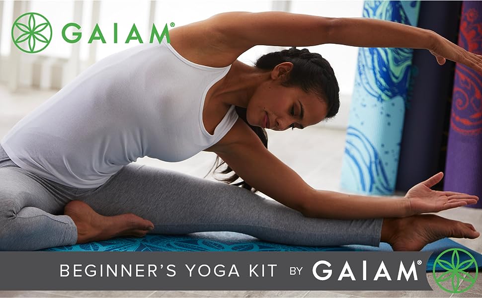 Gaiam Beginners Yoga Kit - 4mm Yoga Mat, 6ft Yoga Strap, Yoga Block Starter Essentials