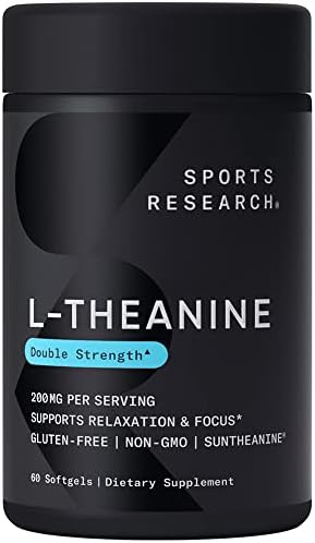 Sports Research Double Strength L-Theanine Supplement - Suntheanine Softgels for Focus, Relaxation & Alertness - Non-Drowsy Support Made with Coconut Oil, Non-GMO & Gluten Free - 200mg, 60 Count