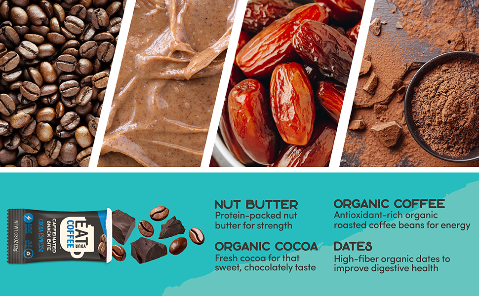 Almonds, Peanuts, Dates, Gluten-Free Oats Organic Dark Chocolate caffeine bars delicious nutritious