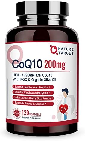 NATURE TARGET CoQ10-200mg-Softgels + PQQ with Organic-Olive-Oil - High Absorption-Coenzyme-Q10 - Antioxidant-for-Heart-Health and Immune Support, Energy Production, 120 Servings