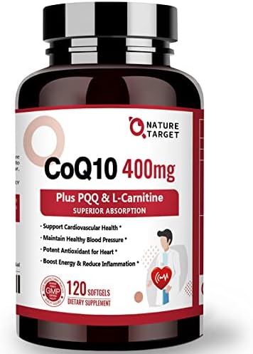 NATURE TARGET CoQ10-400mg with PQQ L-Carnitine & Omega-3s, High Absorption Coenzyme-Q10 with BioPerine, Supports Heart, Brain, Immune System, Energy Production, 120 Servings