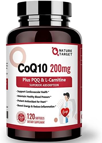 NATURE TARGET CoQ10-200mg with PQQ L-Carnitine & Omega-3s, High Absorption Coenzyme-Q10 with BioPerine, Supports Heart and Immune System, Cellular-Energy-Production, 120 Servings