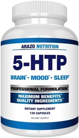 Arazo Nutrition 5-HTP 200 MG Plus Calcium for Mood, Sleep – Supports Calm and Relaxed Mood – 99% High Purity – 120 Capsules