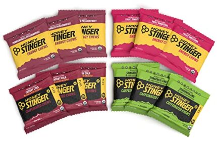 Honey Stinger - Organic & Caffeinated Energy Chews Variety Pack - Variety Pack - 12 Count - 3 of Each Flavor - Chewy Gummy Energy Source for Any Activity - Cherry Cola, Stingerita Lime, Pomegranate Passion Fruit & Fruit Smoothie - Plus Sticker