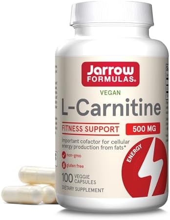 Jarrow Formulas L-Carnitine 500 mg - Important Cofactor for Energy Production (ATP) From Fats - L-Carnitine as L-Carnitine Tartrate - Antioxidant Supplement For Energy Production - 100 Veggie Caps