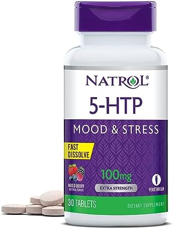 Natrol 5-HTP 100mg, Drug-Free Dietary Supplement Helps Support Balanced Mood, 30 Mixed Berry-Flavored Fast Dissolve Tablets, 15-30 Day Supply