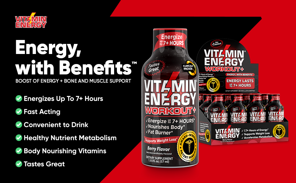 Energy lasts up to 7+ hours with Vitamin Energy shots packed with body nourishing vitamins