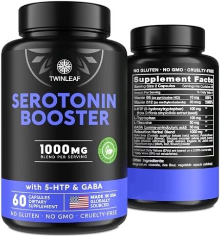 TWINLEAF Serotonin Supplement - Made in USA - Natural 5-HTP & L-tryptophan Capsules - Serotonin Booster for Men & Women - Proprietary Formula - 60 Vegan Capsules